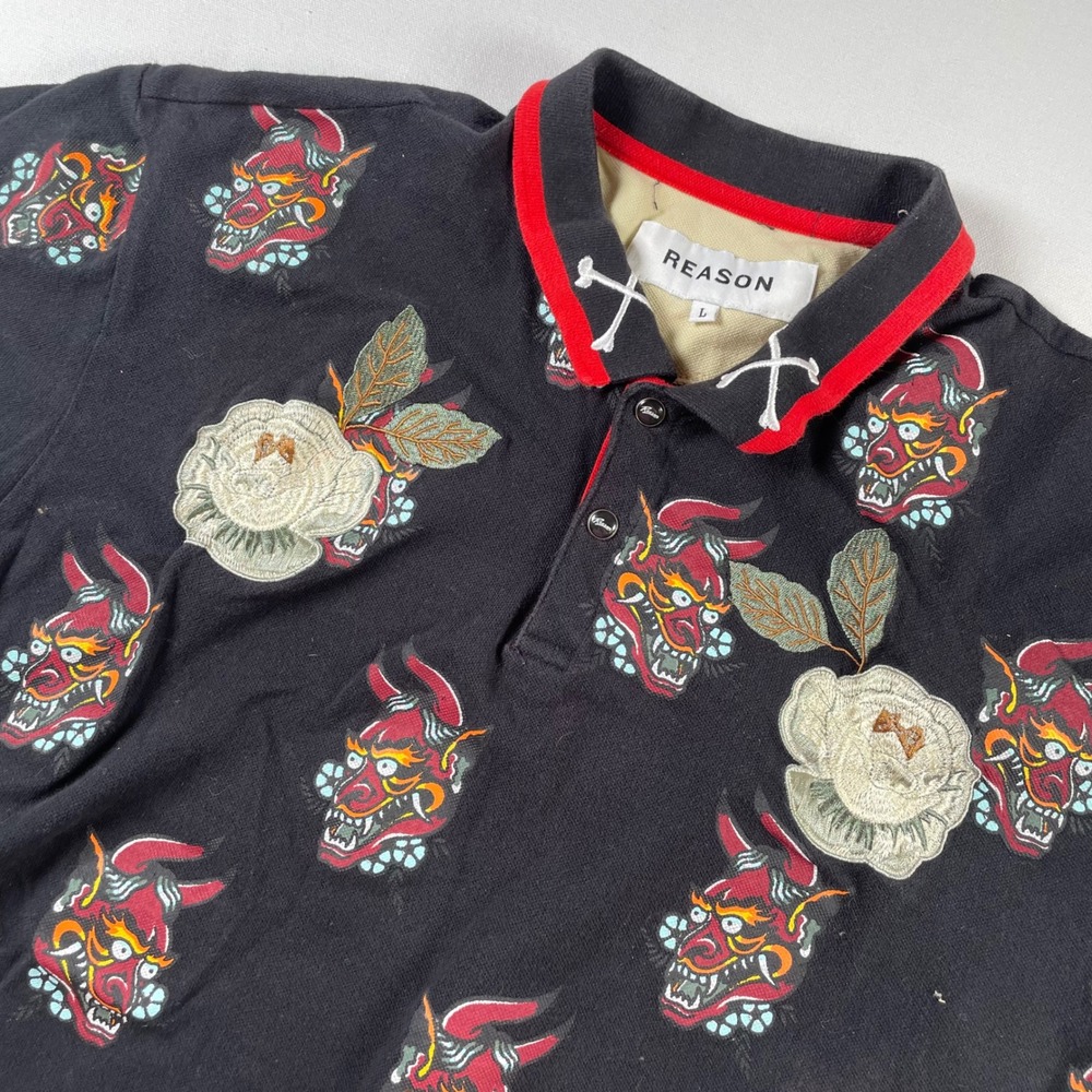Reason Mens Oni Mask‎ Floral Embroidered Polo Shirt Black Tattoo Streetwear L